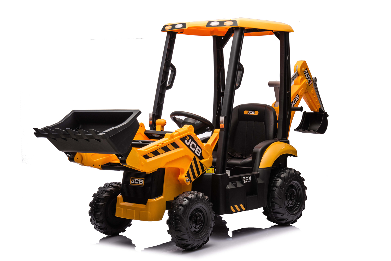 Elektro Kinderbagger - Elektrobagger JCB 4 mit 2 Schaufeln und Dach, Schaufelbagger, Elektro-Kinderfahrzeug, Kinder-Traktor, Bulldozer