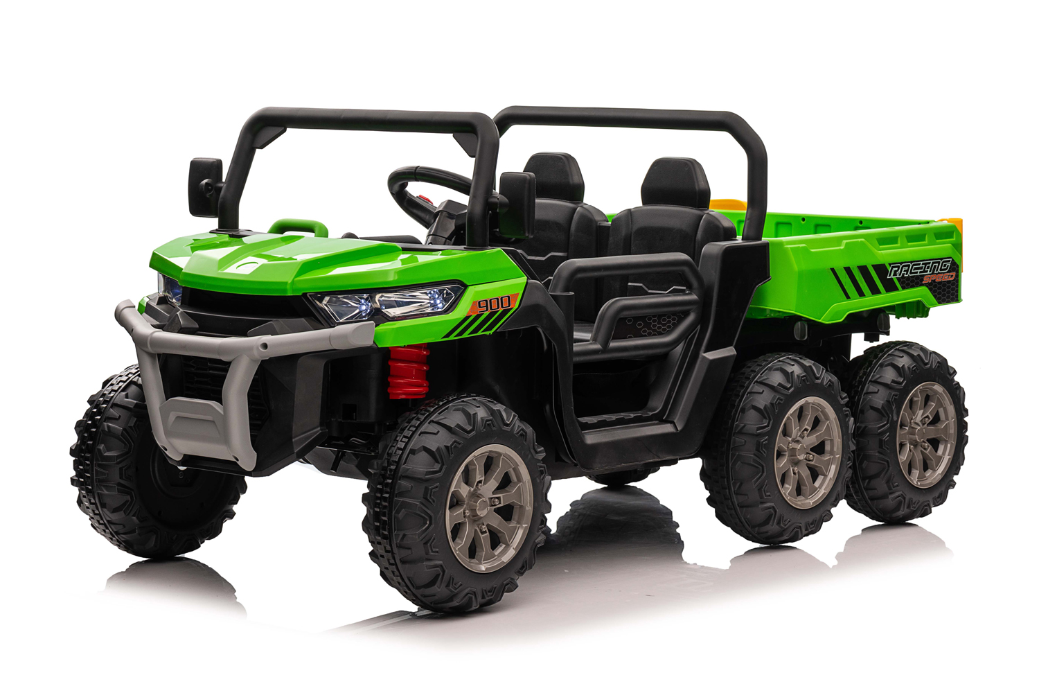 Elektro Kinderfahrzeug 2 Sitzer - 7 km/h mit 6 Rädern und Ladefläche, Elektro-Baustellenfahrzeug für Kinder, Elektrokipper