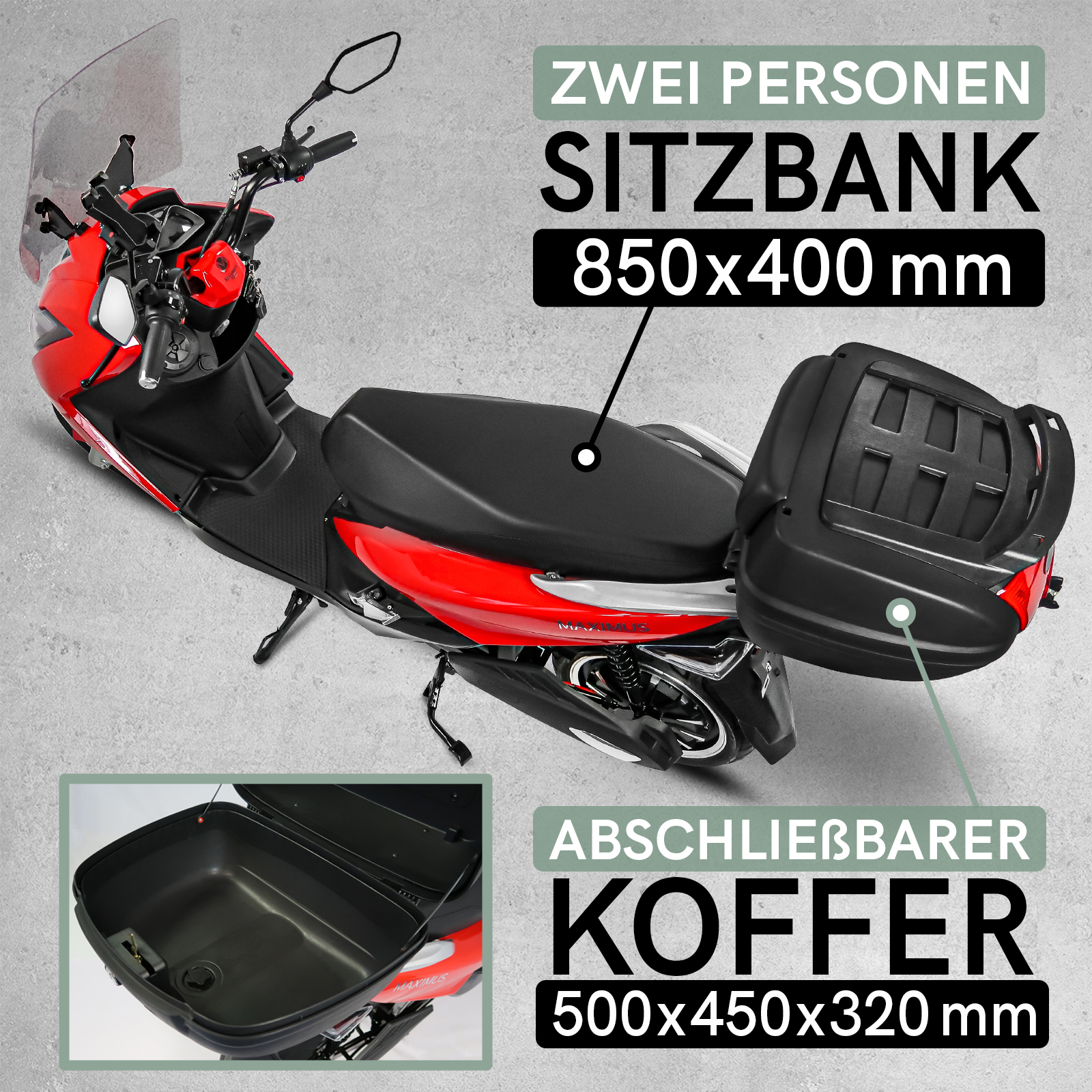 Elektro-Roller Maximus 2 Personen, E-Mobil MX2-45, Lithium Akku, 85-170 km, Elektroroller bis 45 km/h
