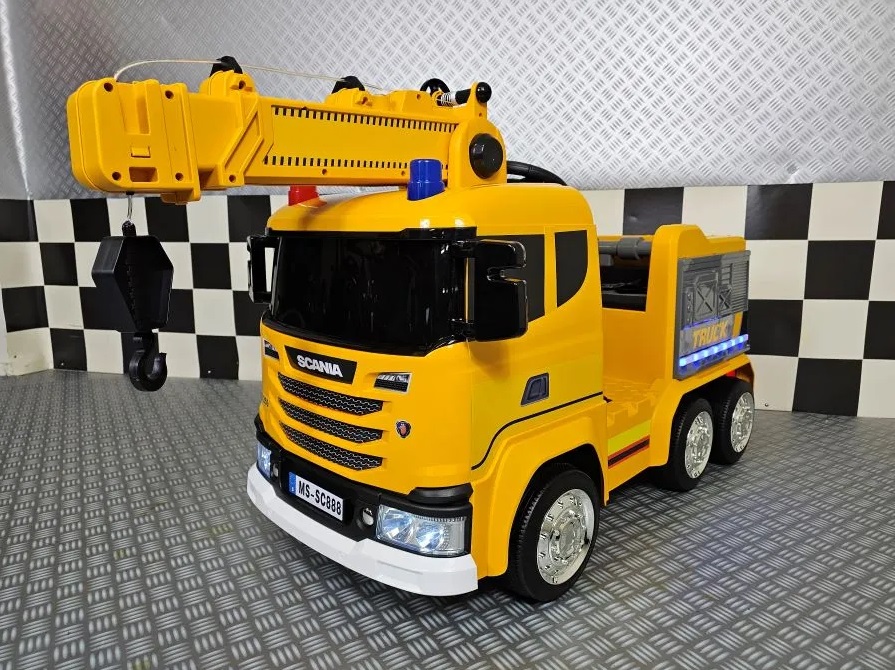 Elektro Kinderfahrzeug Kranauto Feuerwehr, Kranwagen mit Allrad, Einsatzfahrzeug mit Kranarm, Kinder-LKW mit Kranarm