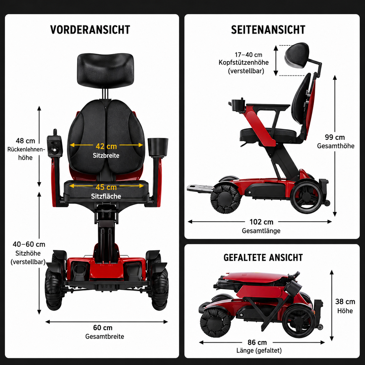 Elektrorollstuhl mit höhenverstellbarem Sitz - Seniorenroller L10 - elektrischer Mobilitätsroller E-Rollstuhl klappbar