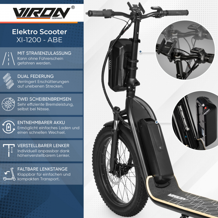 Viron Elektroscooter mit Straßenzulassung XI-1200-S - Elektro Stehroller, Elektroroller 20 km/h, E-Scooter