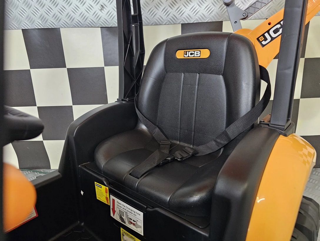 Elektro Kinderbagger - Elektrobagger JCB mit 2 Schaufeln und Dach, Schaufelbagger, Elektro-Kinderfahrzeug für die Baustelle, Kinder-Traktor