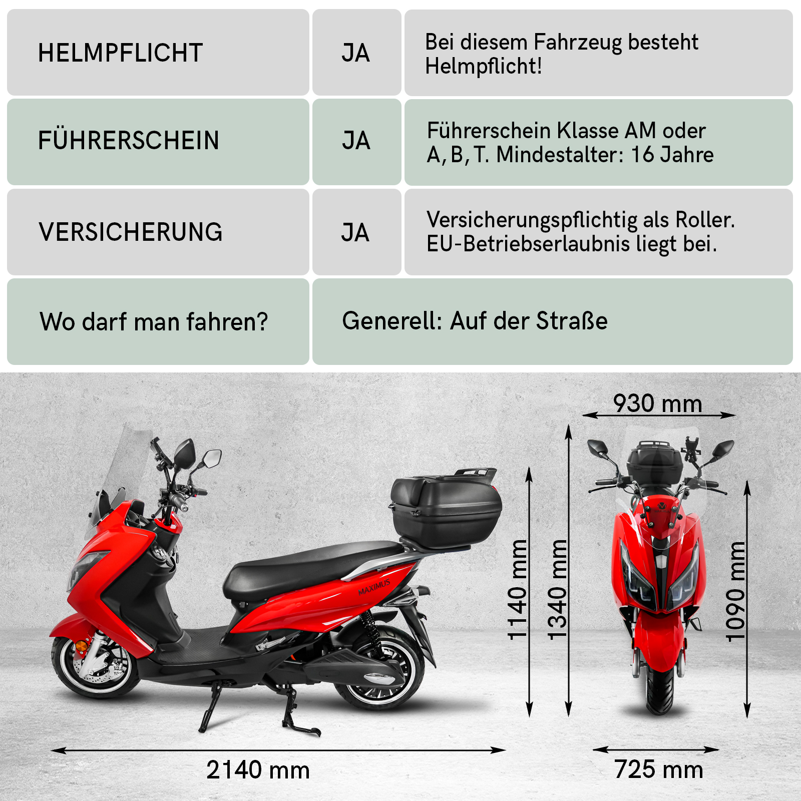 Elektro-Roller Maximus 2 Personen, E-Mobil MX2-45, Lithium Akku, 85-170 km, Elektroroller bis 45 km/h