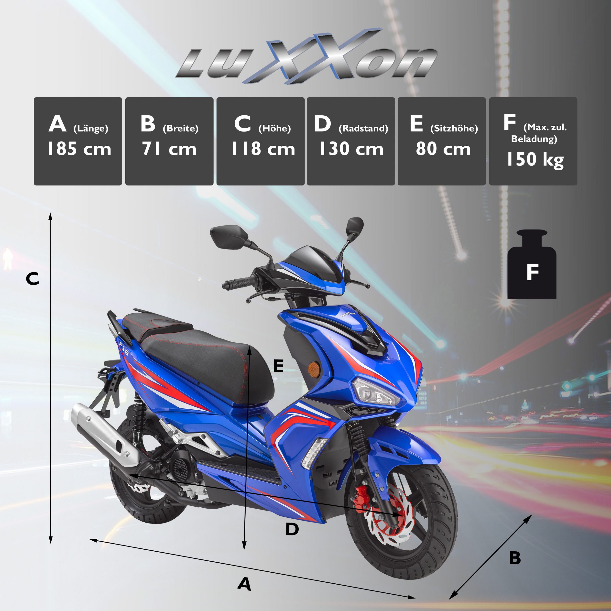 LuXXon F18 Benzin Motorroller 45 km/h, 49-cm³-Motor, 2,1 kW/2,9 PS, 1 Zylinder, 4-Takt