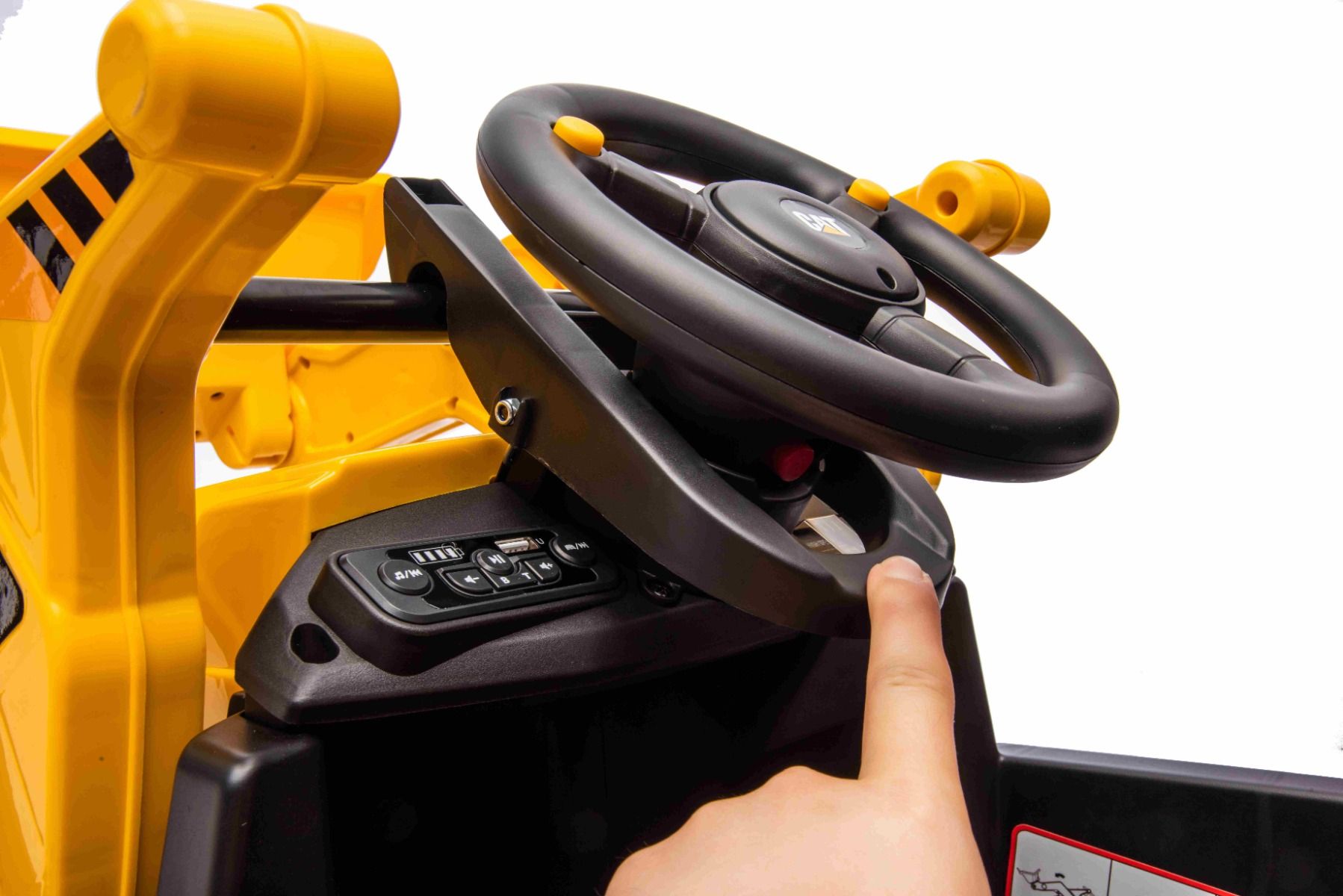 Elektro Kinderbagger lizenziert - Elektrobagger CAT mit 2 Schaufeln, Schaufelbagger mit Lithumakku, Caterpillar Kinder Elektrotraktor