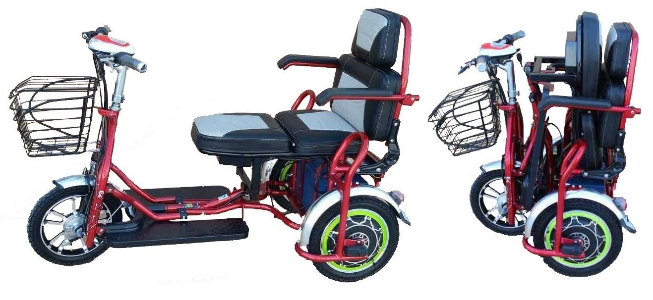 faltbares 3 Rad Seniorenmobil für Zwei, Doppelsitzer Reisemobil, Zweisitzer Mobilitätshilfe, DUO Dreirad-Scooter bis 25 km/h