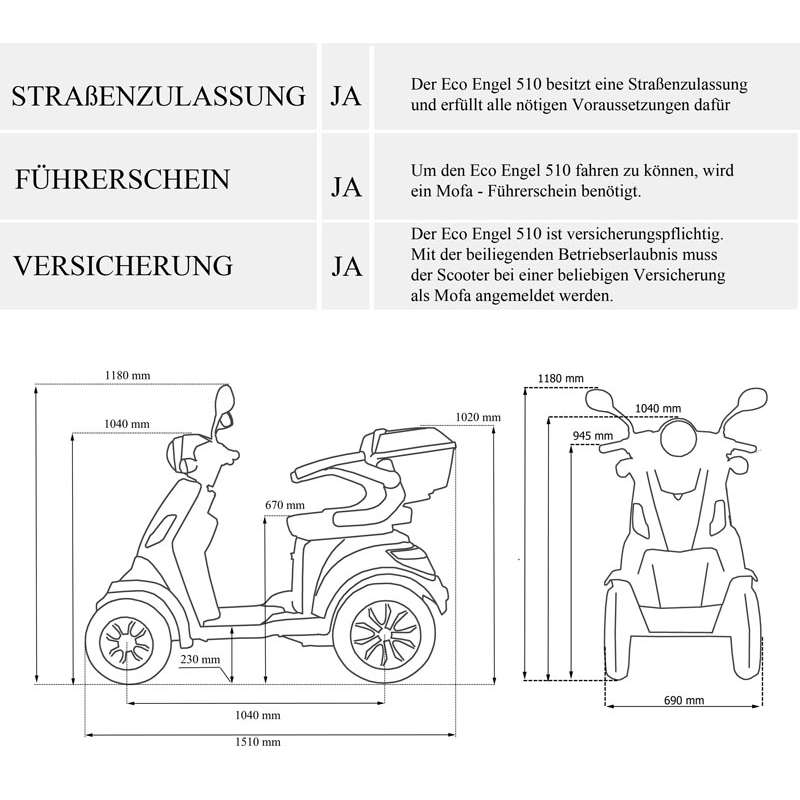 Elektromobil 4 Räder ECO ENGEL 510, Seniorenfahrzeug, 4-Rad Elektroroller Seniorenmobil (Blei/Lithium)