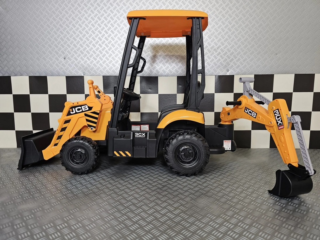 Elektro Kinderbagger - Elektrobagger JCB mit 2 Schaufeln und Dach, Schaufelbagger, Elektro-Kinderfahrzeug für die Baustelle, Kinder-Traktor