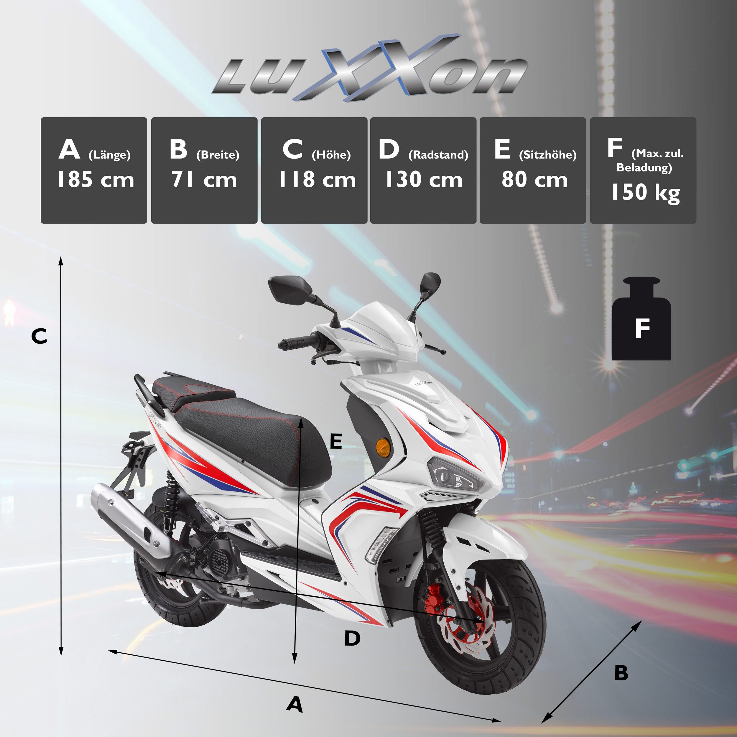 LuXXon F18 Benzin Motorroller 45 km/h, 49-cm³-Motor, 2,1 kW/2,9 PS, 1 Zylinder, 4-Takt