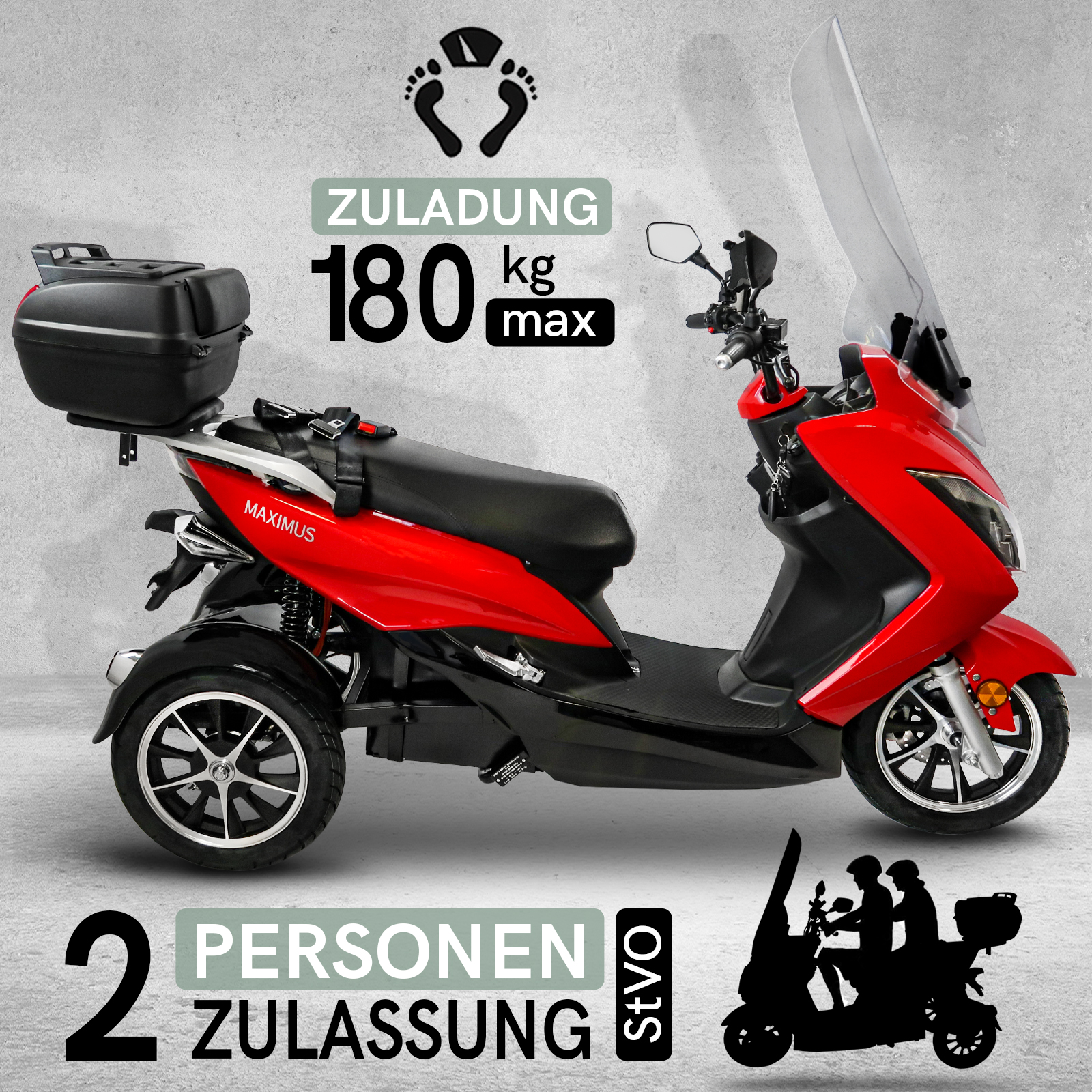 Elektro-Trike - E-Roller Maximus, 3-Rad E-Mobil MX3-25, Lithium Akku, 70-140 km, Elektroroller 25 km/h