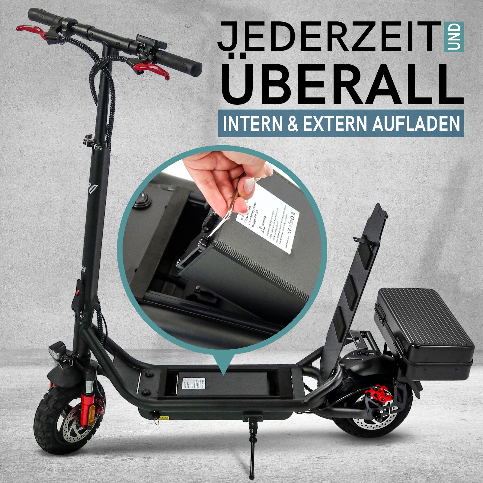 Velix E-Kick 20 km/h Pro, 350 Watt Elektroroller ab 14 Jahren - Elektroscooter klappbar, 2 Stück entnehmbarer Akku + Heckkoffer