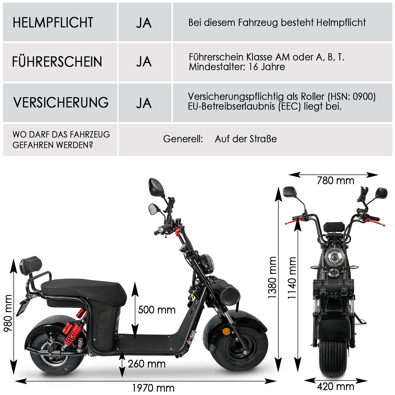 Rolektro E-Chopper, E-Cruiser 45 Lithium, Schwarz, Elektro-Chopper 1500 Watt, Elektro-Roller