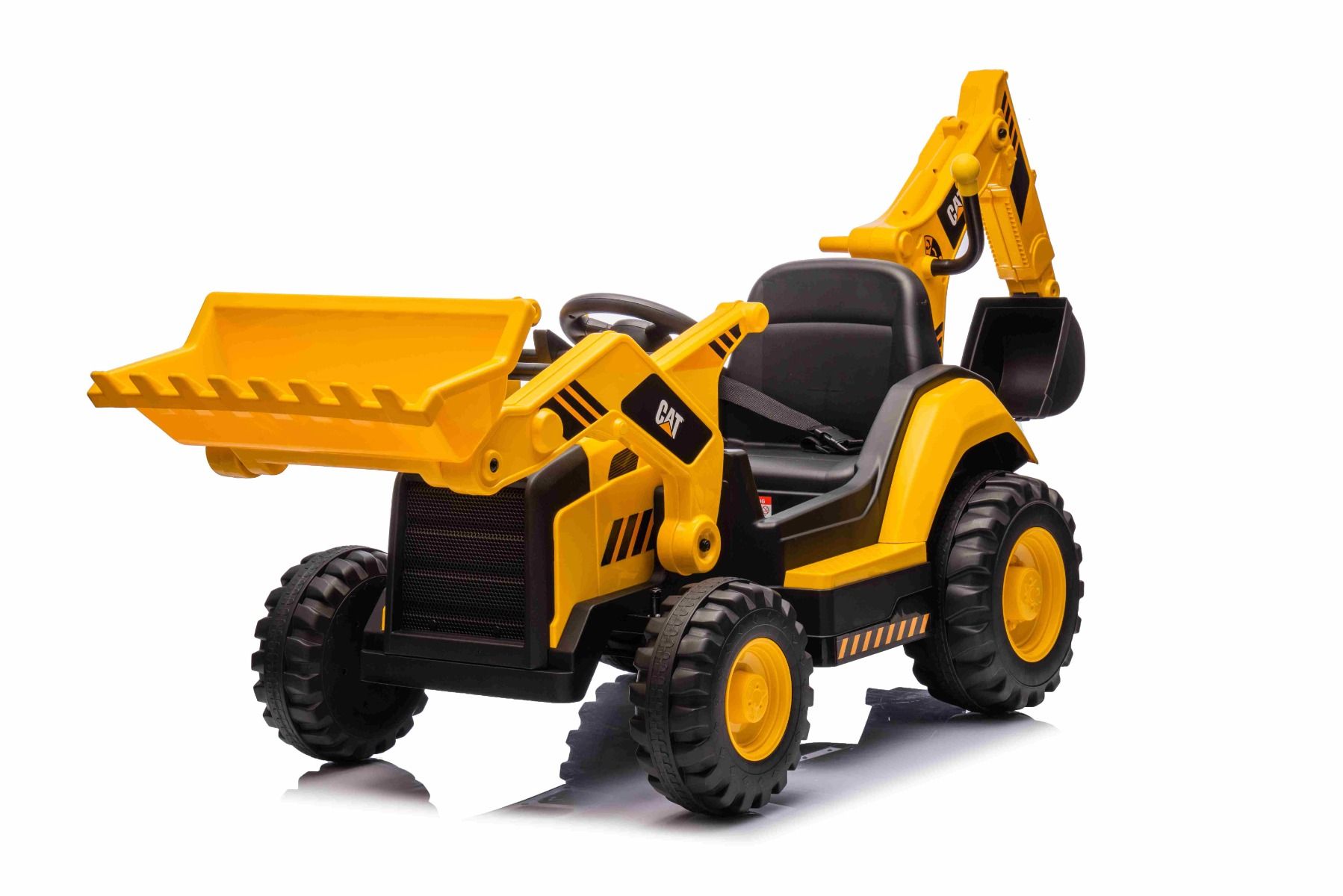 Elektro Kinderbagger lizenziert - Elektrobagger CAT mit 2 Schaufeln, Schaufelbagger mit Lithumakku, Caterpillar Kinder Elektrotraktor
