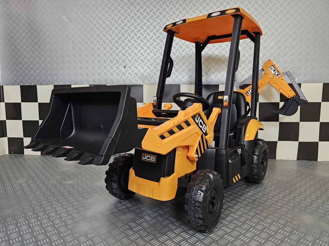 Elektro Kinderbagger - Elektrobagger JCB mit 2 Schaufeln und Dach, Schaufelbagger, Elektro-Kinderfahrzeug für die Baustelle, Kinder-Traktor