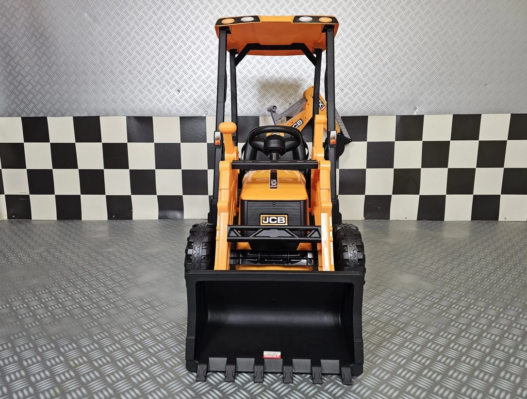 Elektro Kinderbagger - Elektrobagger JCB mit 2 Schaufeln und Dach, Schaufelbagger, Elektro-Kinderfahrzeug für die Baustelle, Kinder-Traktor