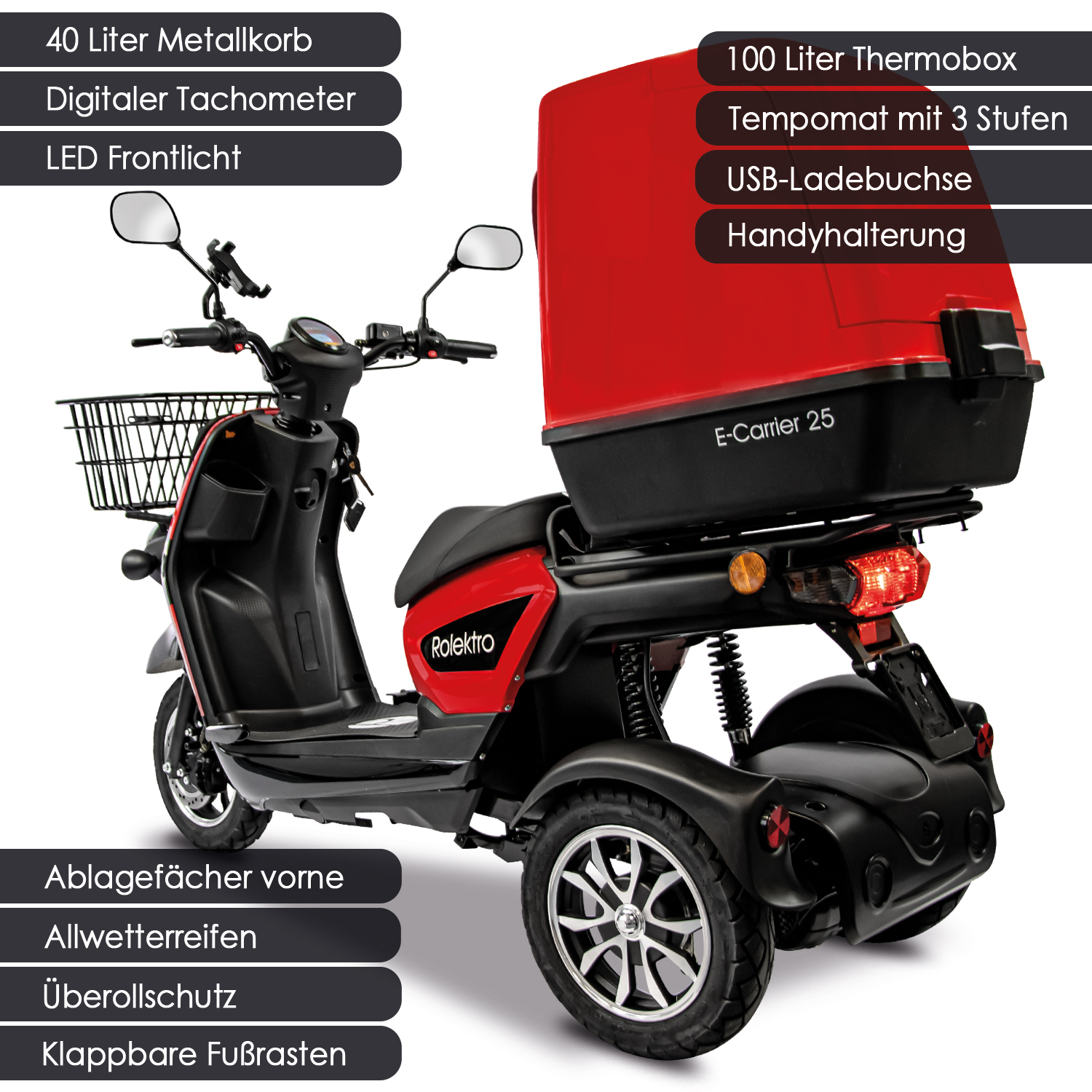 Rolektro E-Carrier 25 V.2 als Liefermobil, mit oder ohne Koffer, 2 Akku-Varianten
