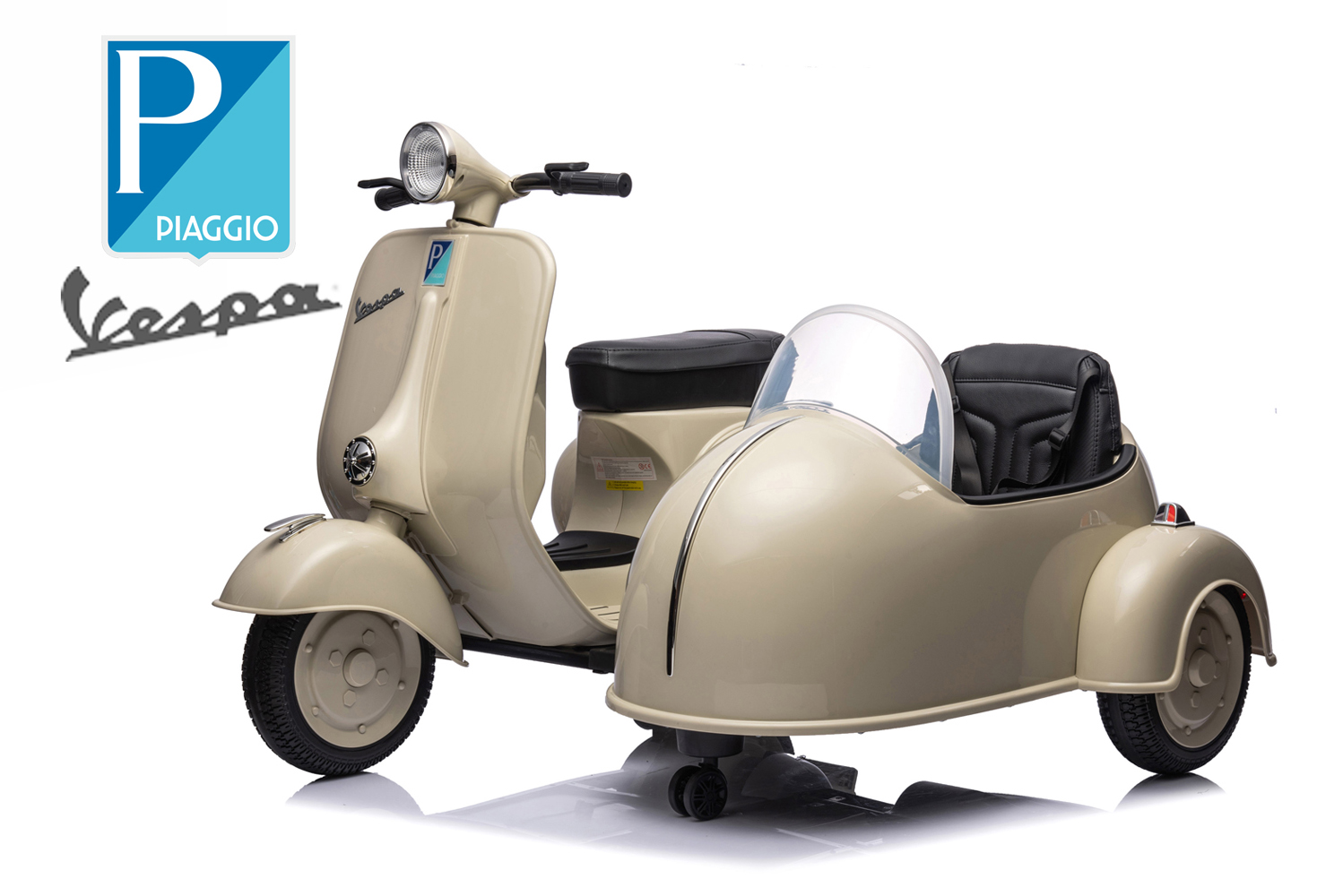Elektro Kindermotorrad, Kinder Moped Vespa für 2 Kinder mit Beiwagen lizenziert, Elektroroller für Kinder, Kinderroller, Elektrokinderfahrzeug