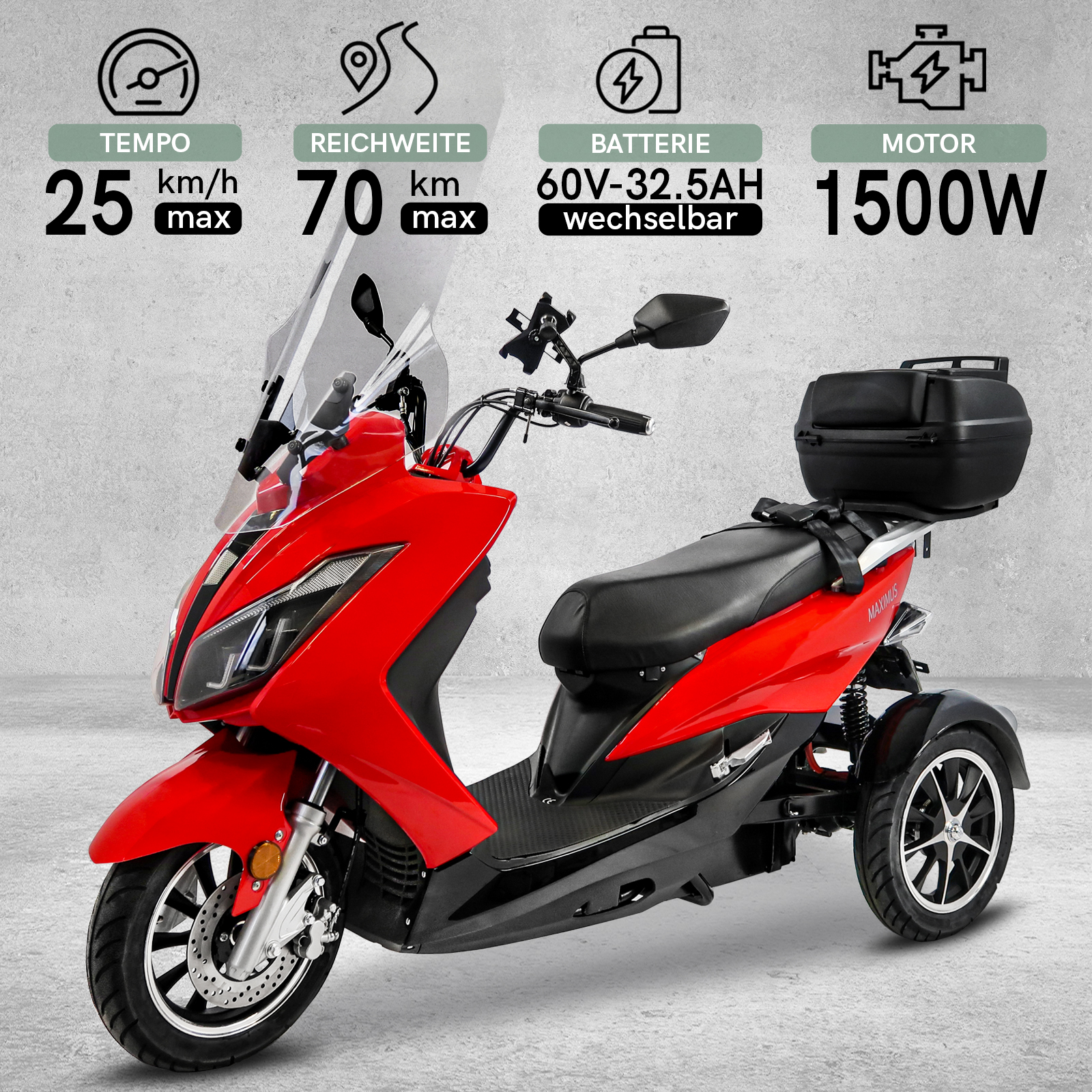 Elektro-Trike - E-Roller Maximus, 3-Rad E-Mobil MX3-25, Lithium Akku, 70-140 km, Elektroroller 25 km/h