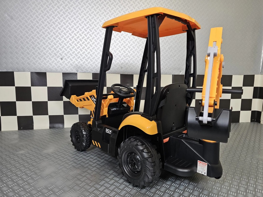 Elektro Kinderbagger - Elektrobagger JCB mit 2 Schaufeln und Dach, Schaufelbagger, Elektro-Kinderfahrzeug für die Baustelle, Kinder-Traktor