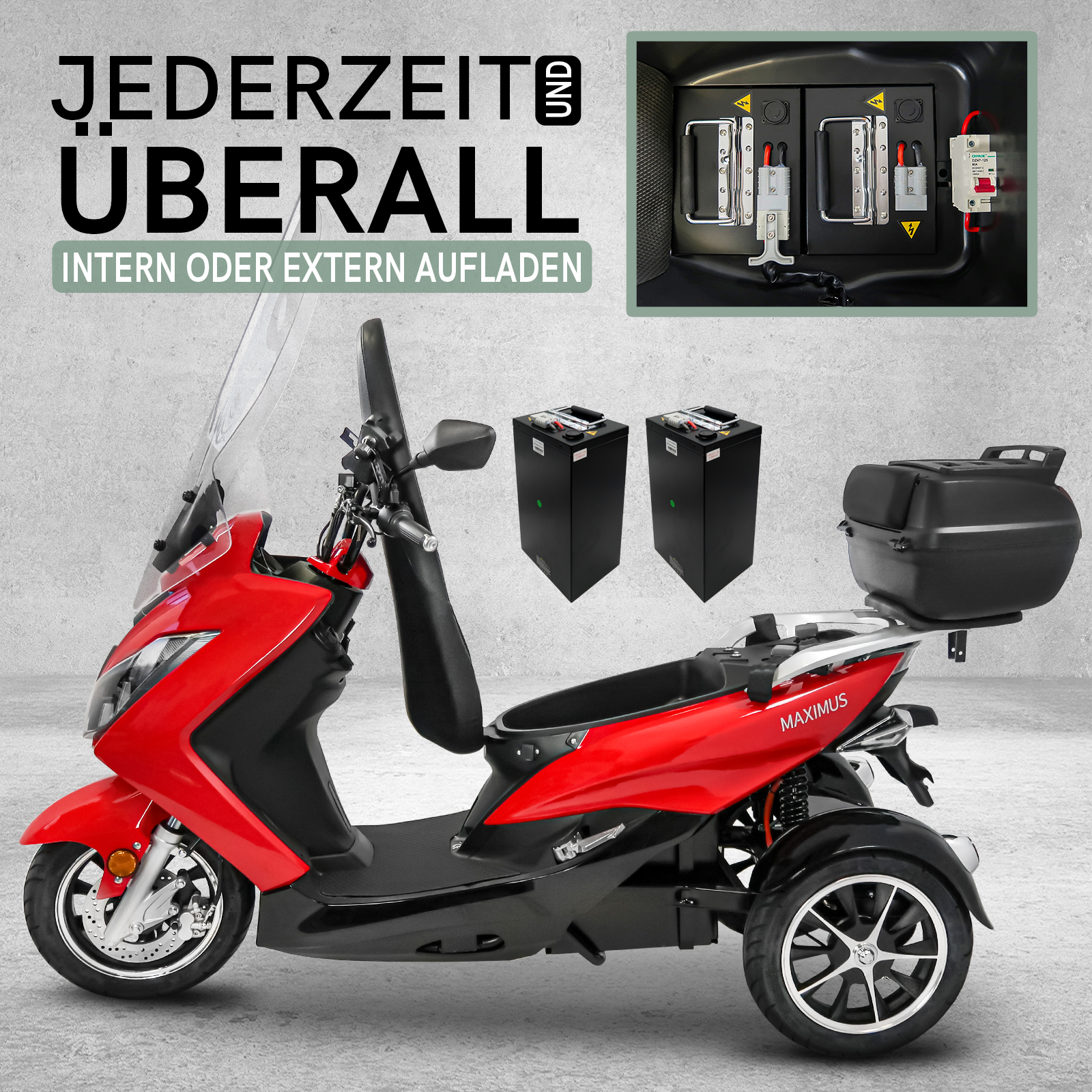 Elektro-Trike - E-Roller Maximus, 3-Rad E-Mobil MX3-25, Lithium Akku, 70-140 km, Elektroroller 25 km/h