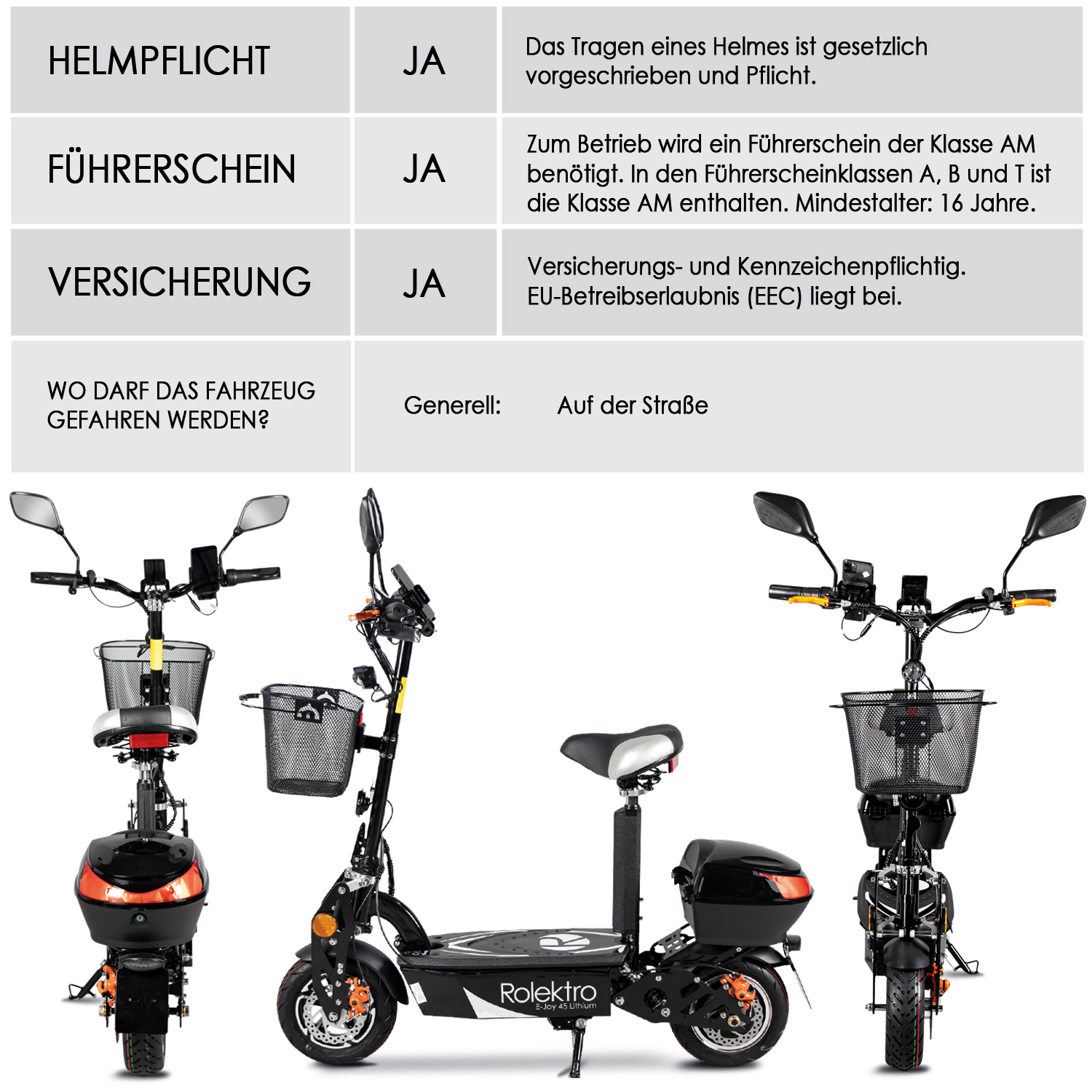 Elektroscooter Rolektro E-Joy 45 mit Lithium Akku inkl. Korb und Topcase, E-Scooter mit Sitz