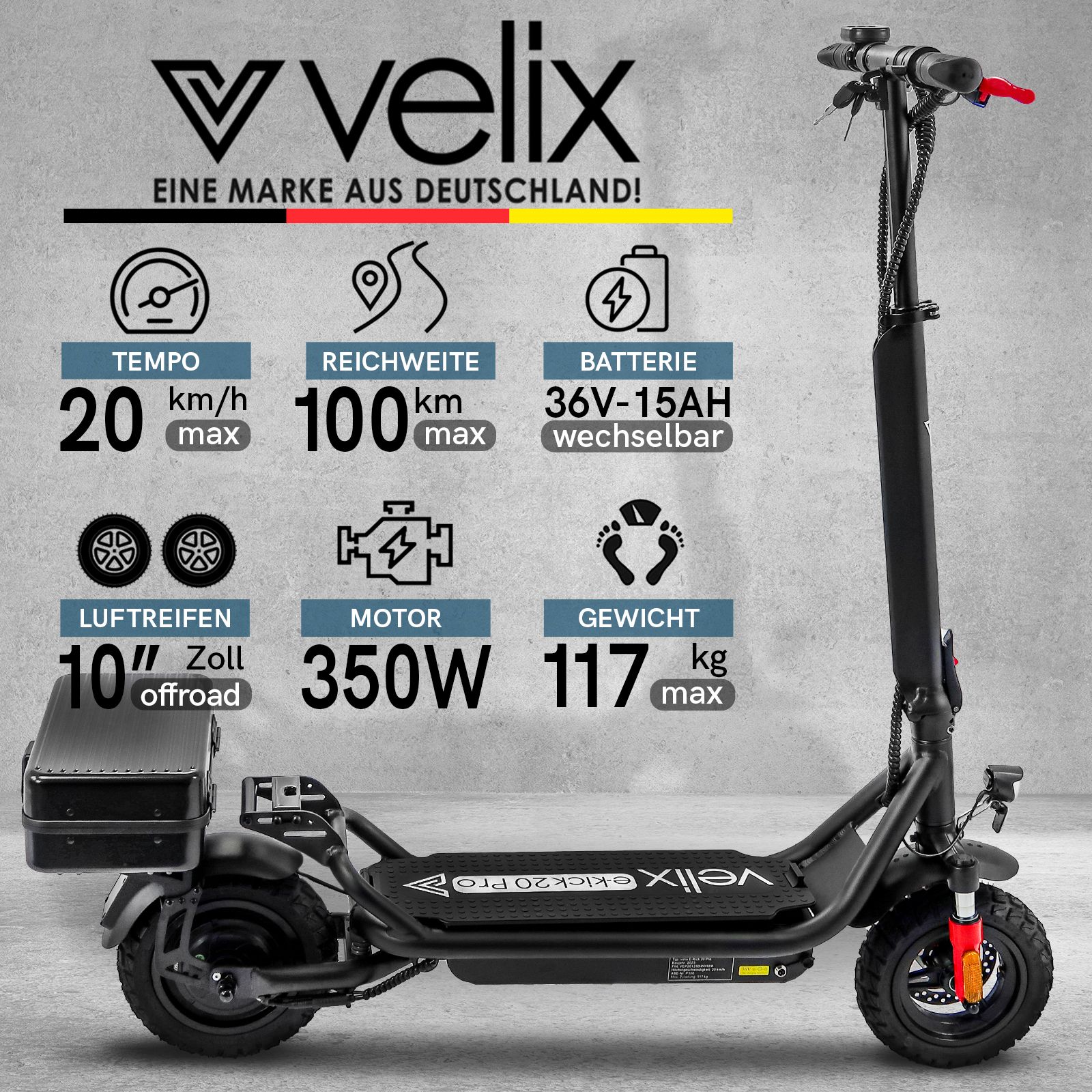Velix E-Kick 20 km/h Pro, 350 Watt Elektroroller ab 14 Jahren - Elektroscooter klappbar, 2 Stück entnehmbarer Akku + Heckkoffer