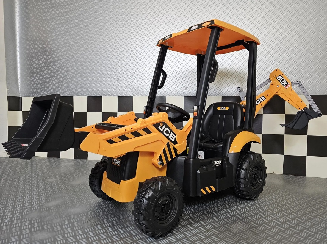 Elektro Kinderbagger - Elektrobagger JCB mit 2 Schaufeln und Dach, Schaufelbagger, Elektro-Kinderfahrzeug für die Baustelle, Kinder-Traktor