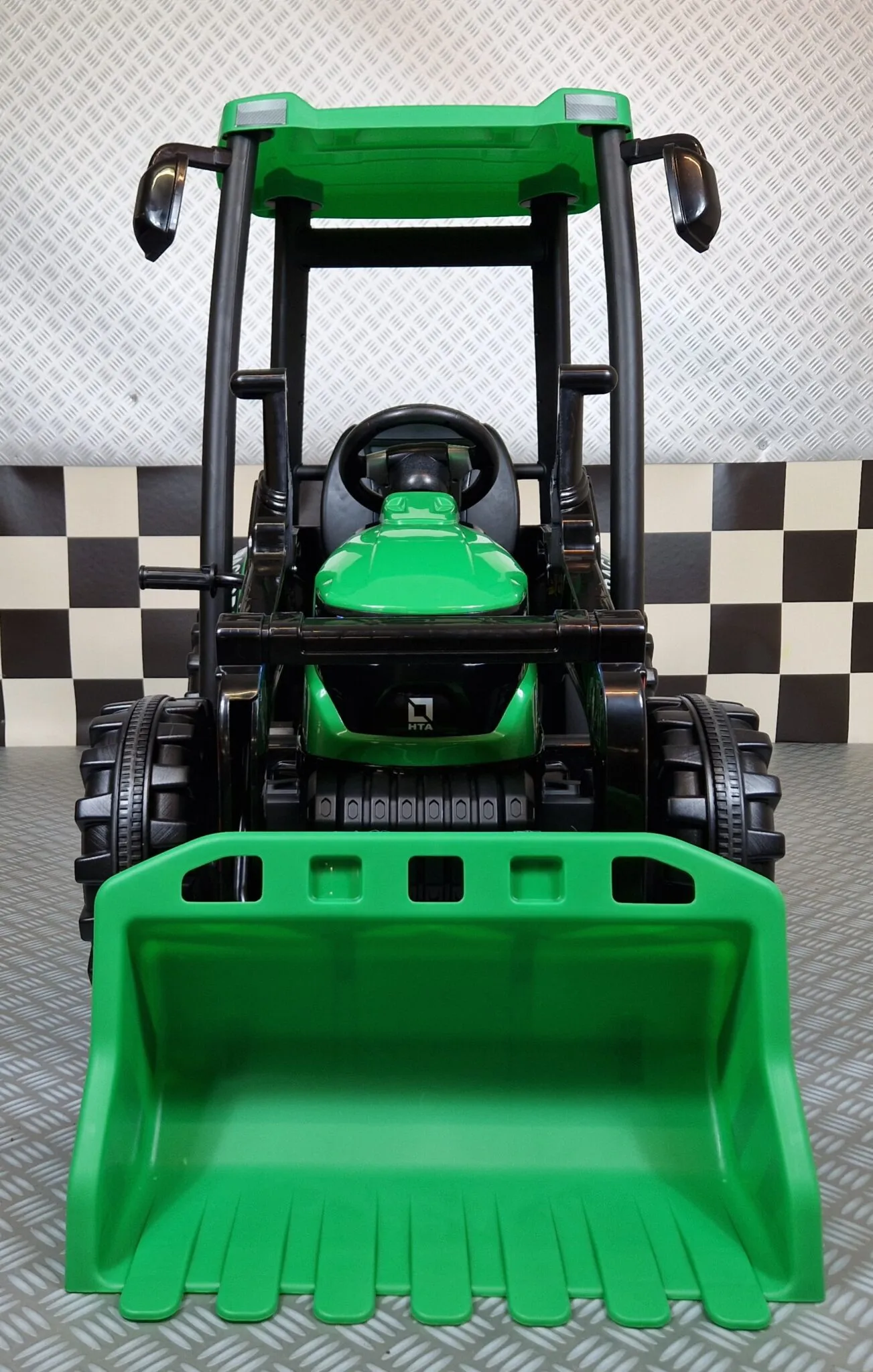 Elektro-Traktor grün mit Dach, Schaufel und Anhänger, Kindertraktor, Elektro Einsatzfahrzeug für Kinder