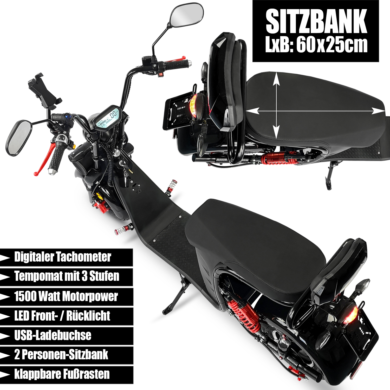 Rolektro E-Chopper, E-Cruiser 45 Lithium, Schwarz, Elektro-Chopper 1500 Watt, Elektro-Roller