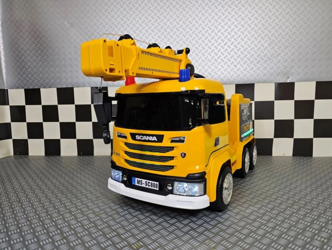 Elektro Kinderfahrzeug Kranauto Feuerwehr, Kranwagen mit Allrad, Einsatzfahrzeug mit Kranarm, Kinder-LKW mit Kranarm
