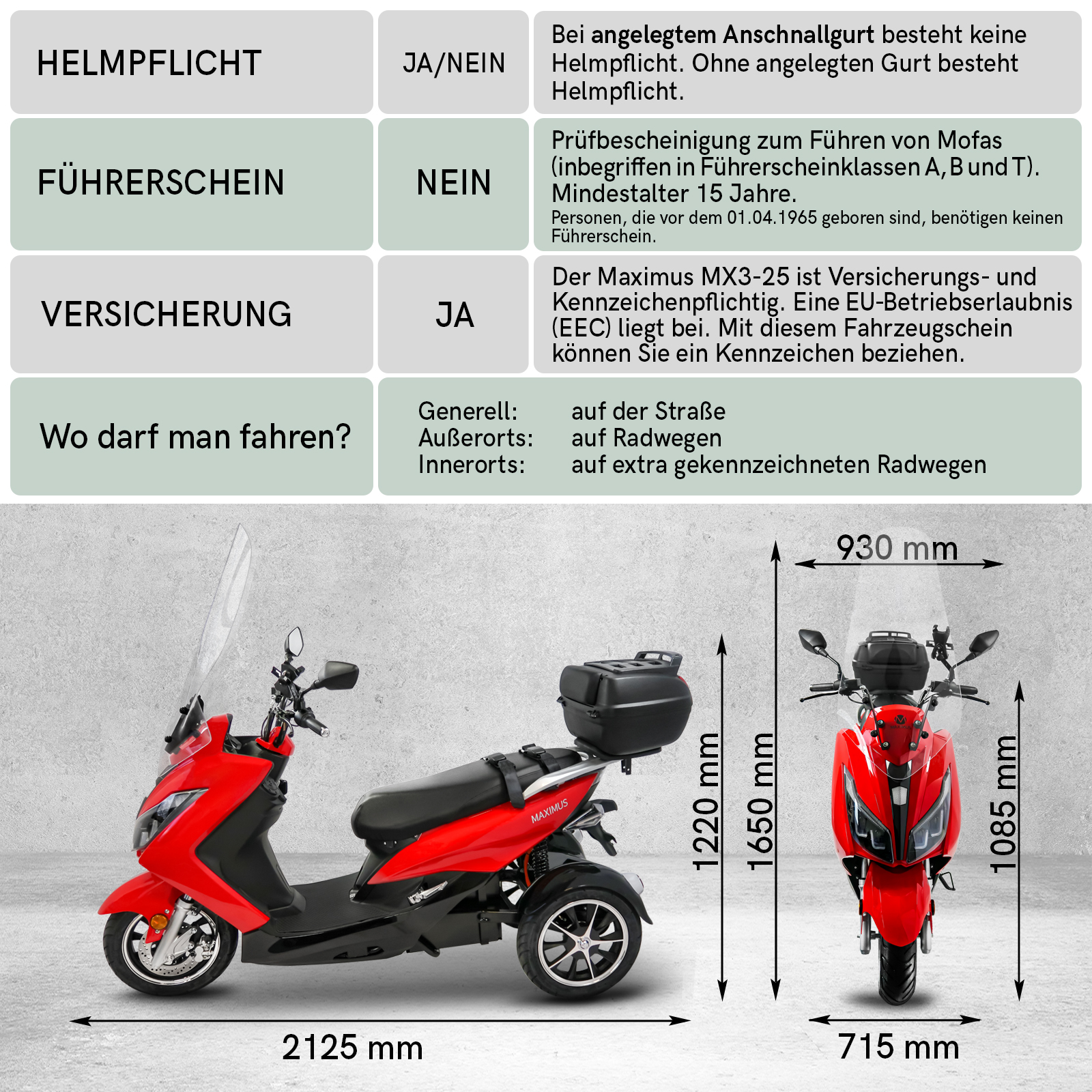 Elektro-Trike - E-Roller Maximus, 3-Rad E-Mobil MX3-25, Lithium Akku, 70-140 km, Elektroroller 25 km/h