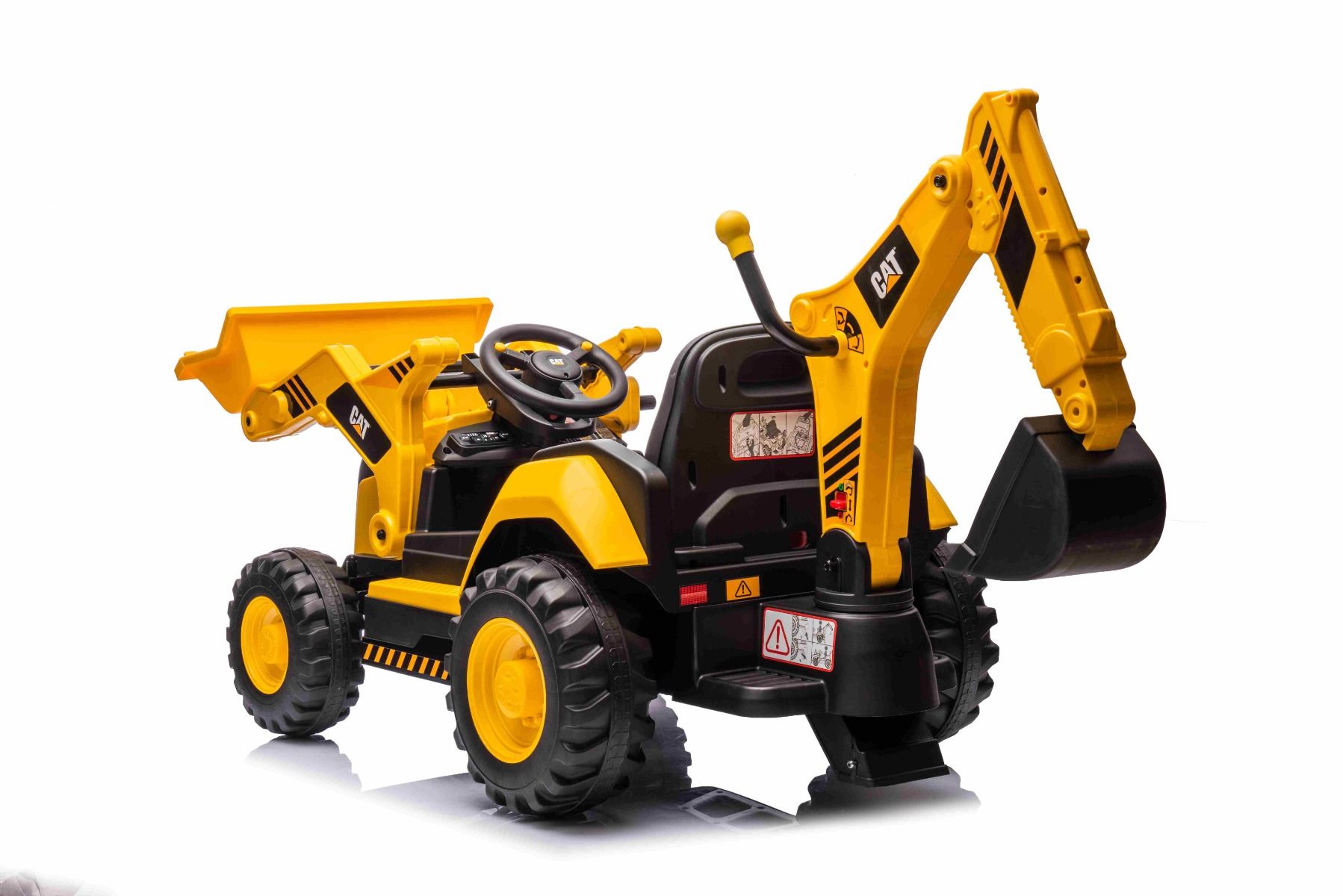 Elektro Kinderbagger lizenziert - Elektrobagger CAT mit 2 Schaufeln, Schaufelbagger mit Lithumakku, Caterpillar Kinder Elektrotraktor