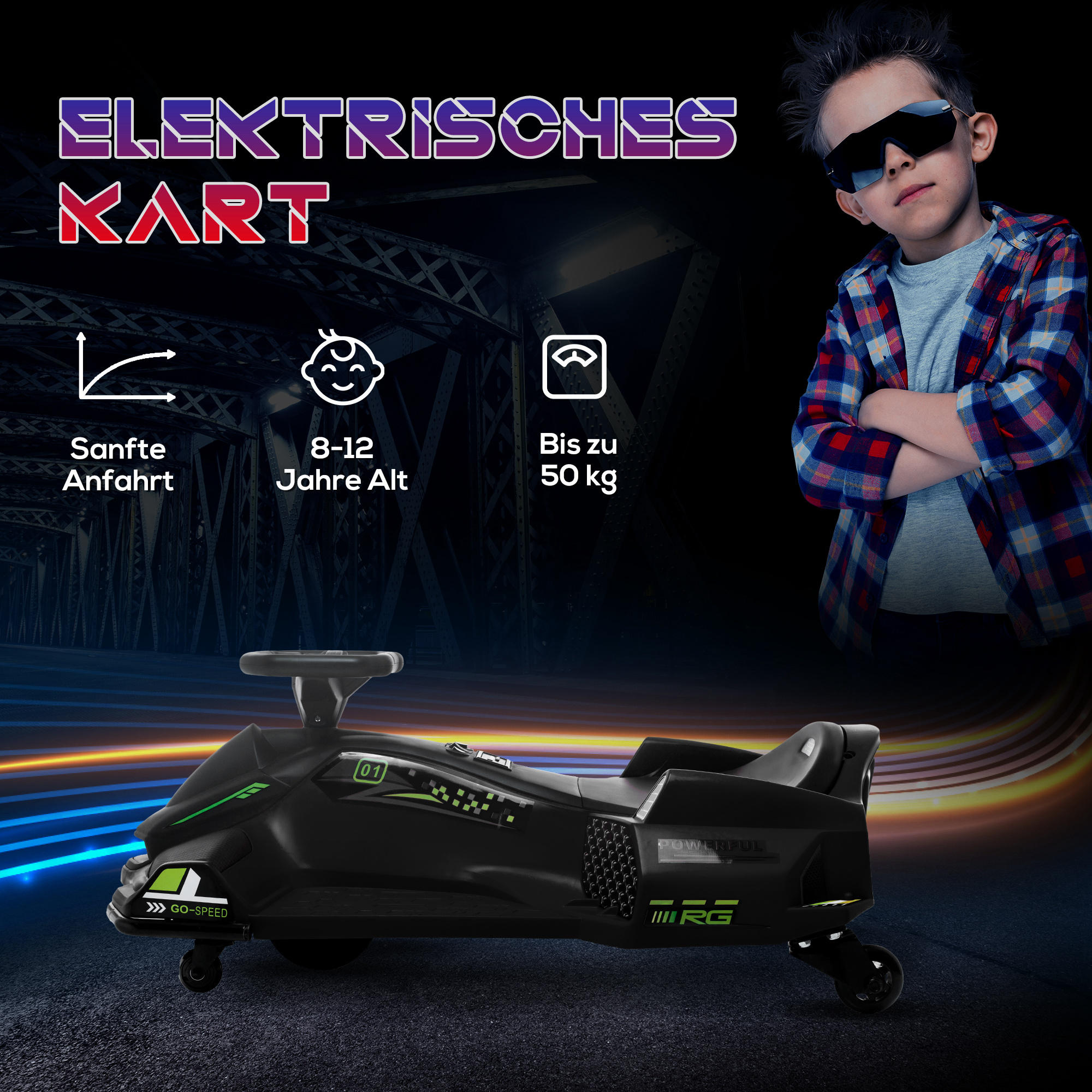 HOMCOM Elektrisches Go-Kart mit Gummiräder bis 8 km/h, Elektro-Gokart