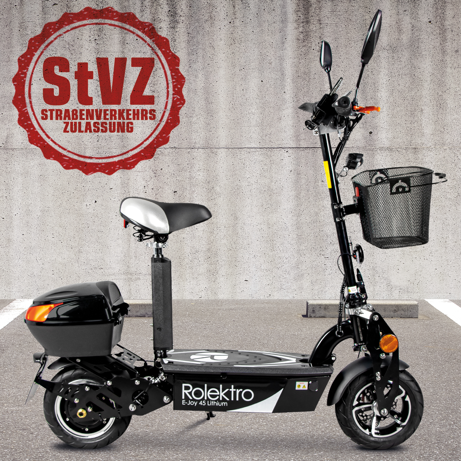 Elektroscooter Rolektro E-Joy 45 mit Lithium Akku inkl. Korb und Topcase, E-Scooter mit Sitz