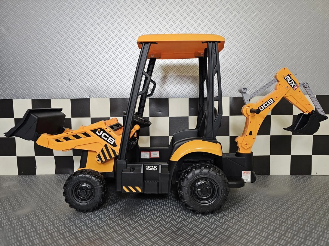 Elektro Kinderbagger - Elektrobagger JCB mit 2 Schaufeln und Dach, Schaufelbagger, Elektro-Kinderfahrzeug für die Baustelle, Kinder-Traktor