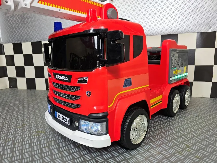 Elektro Kinderfahrzeug Feuerwehrauto Scania, Feuerwehr mit Wasserpistole und 4 Motoren, Allrad