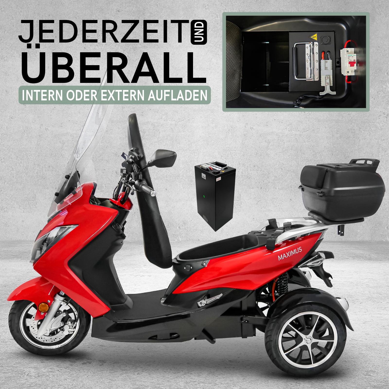 Elektro-Trike - E-Roller Maximus, 3-Rad E-Mobil MX3-25, Lithium Akku, 70-140 km, Elektroroller 25 km/h