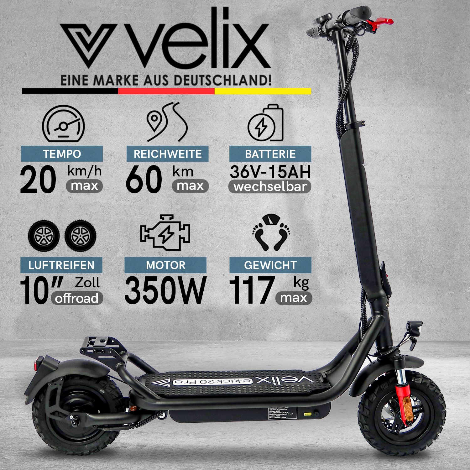 Velix E-Kick 20 km/h Pro, 350 Watt Elektroroller ab 14 Jahren - Elektroscooter klappbar, herausnehmbarer Lithium Akku