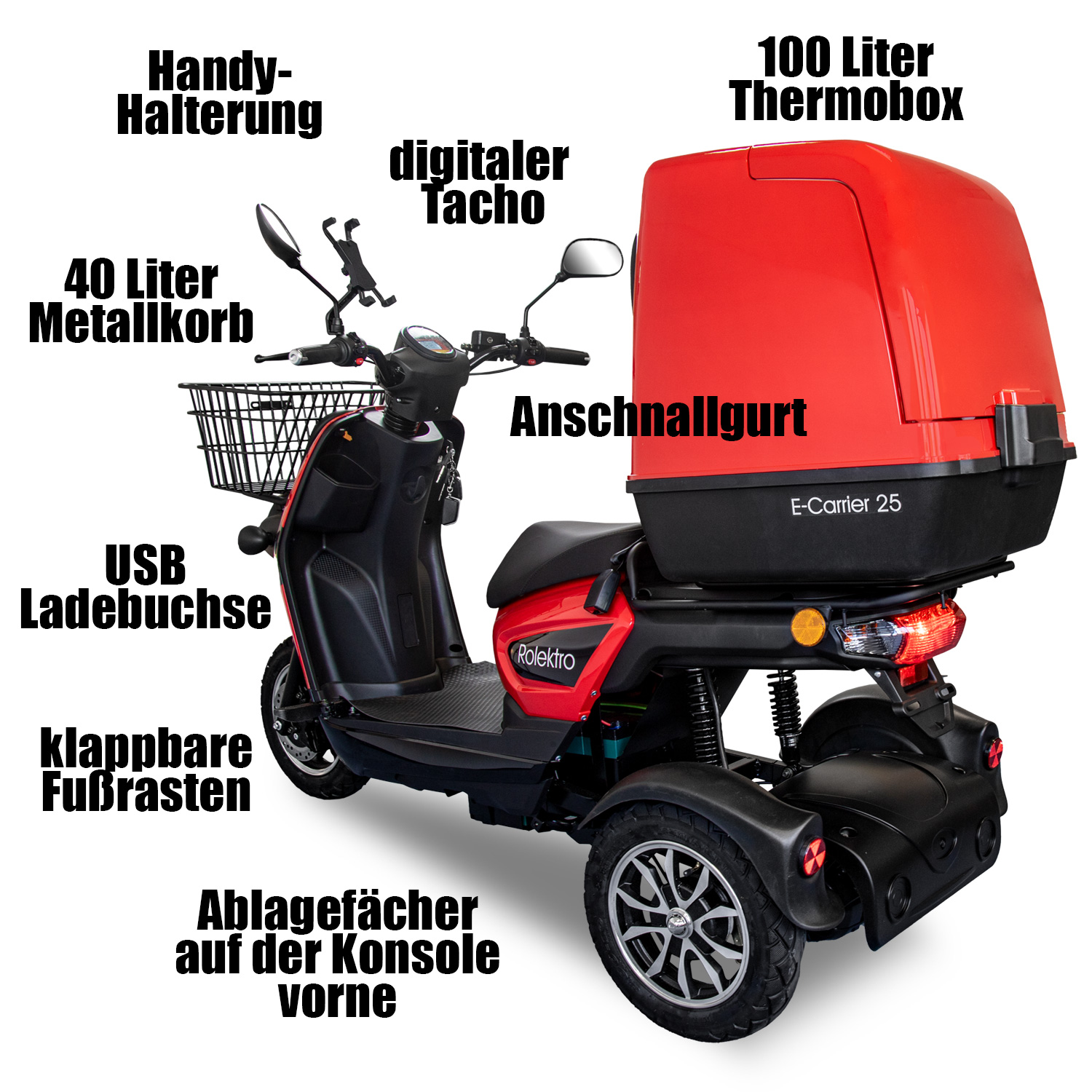 Rolektro E-Carrier 25 V.2 als Liefermobil, mit oder ohne Koffer, 2 Akku-Varianten