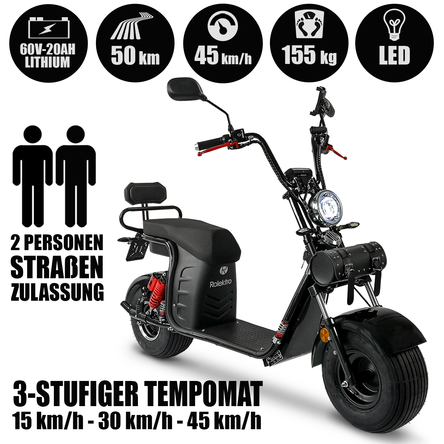Rolektro E-Chopper, E-Cruiser 45 Lithium, Schwarz, Elektro-Chopper 1500 Watt, Elektro-Roller