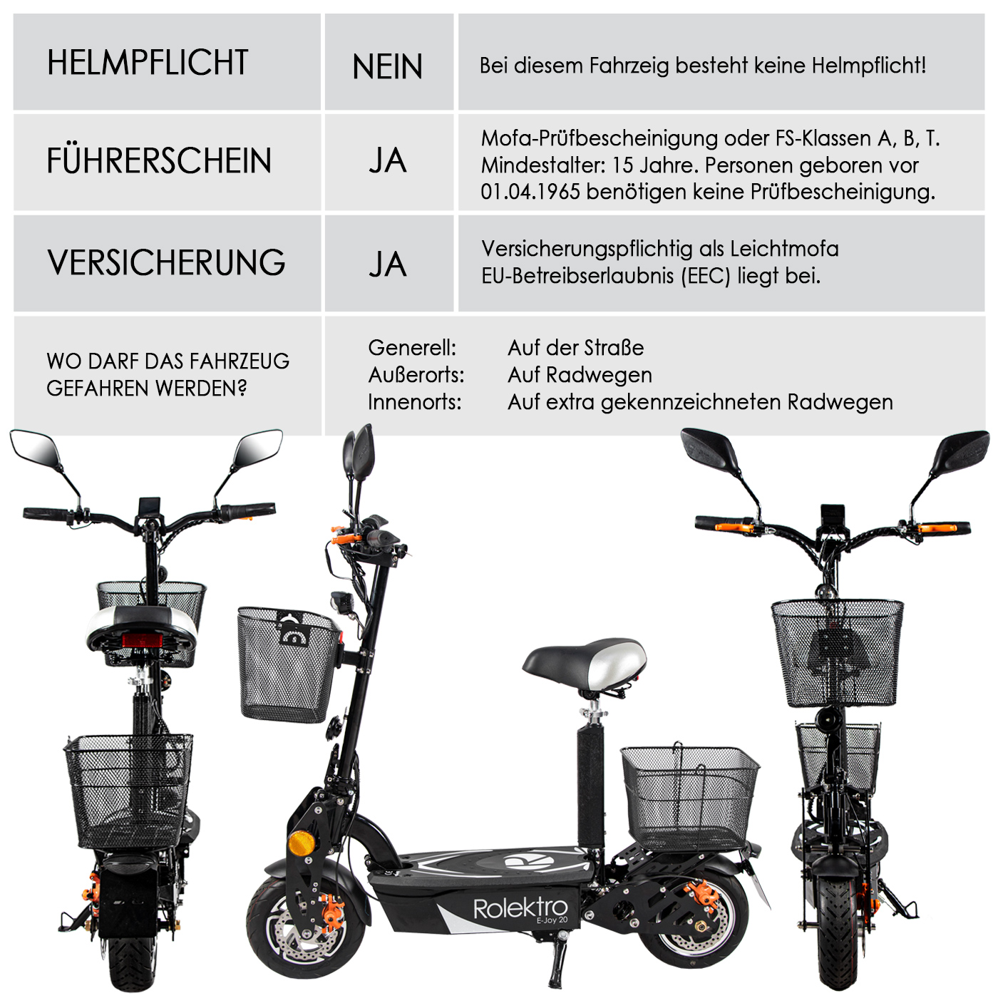 Elektroscooter Rolektro E-Jack 20 mit wählbarem Blei oder Lithium Akku