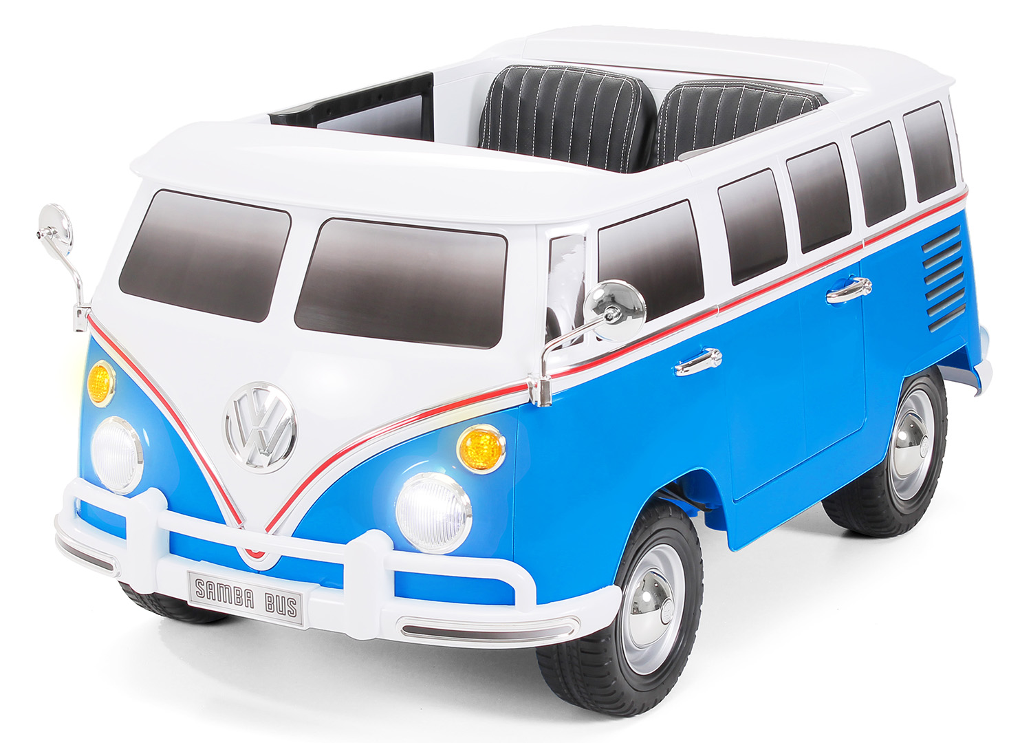 Kinderauto Rollplay VW Bus 12V 7A-2x35Wat Leder RC LED FM-Radio MP3 Aux ROT/BLAU 