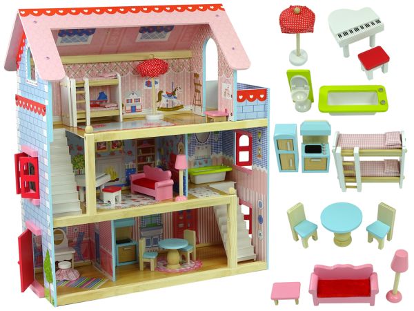 Marika Puppenhaus aus Holz mit zu öffnenden Fenstern, Drei Etagen u. Puppenhaus-Möbel, Puppen-Villa