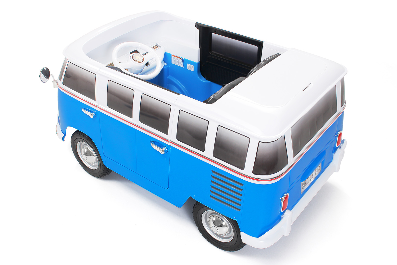 Kinderauto Rollplay VW Bus 12V 7A-2x35Wat Leder RC LED FM-Radio MP3 Aux ROT/BLAU 